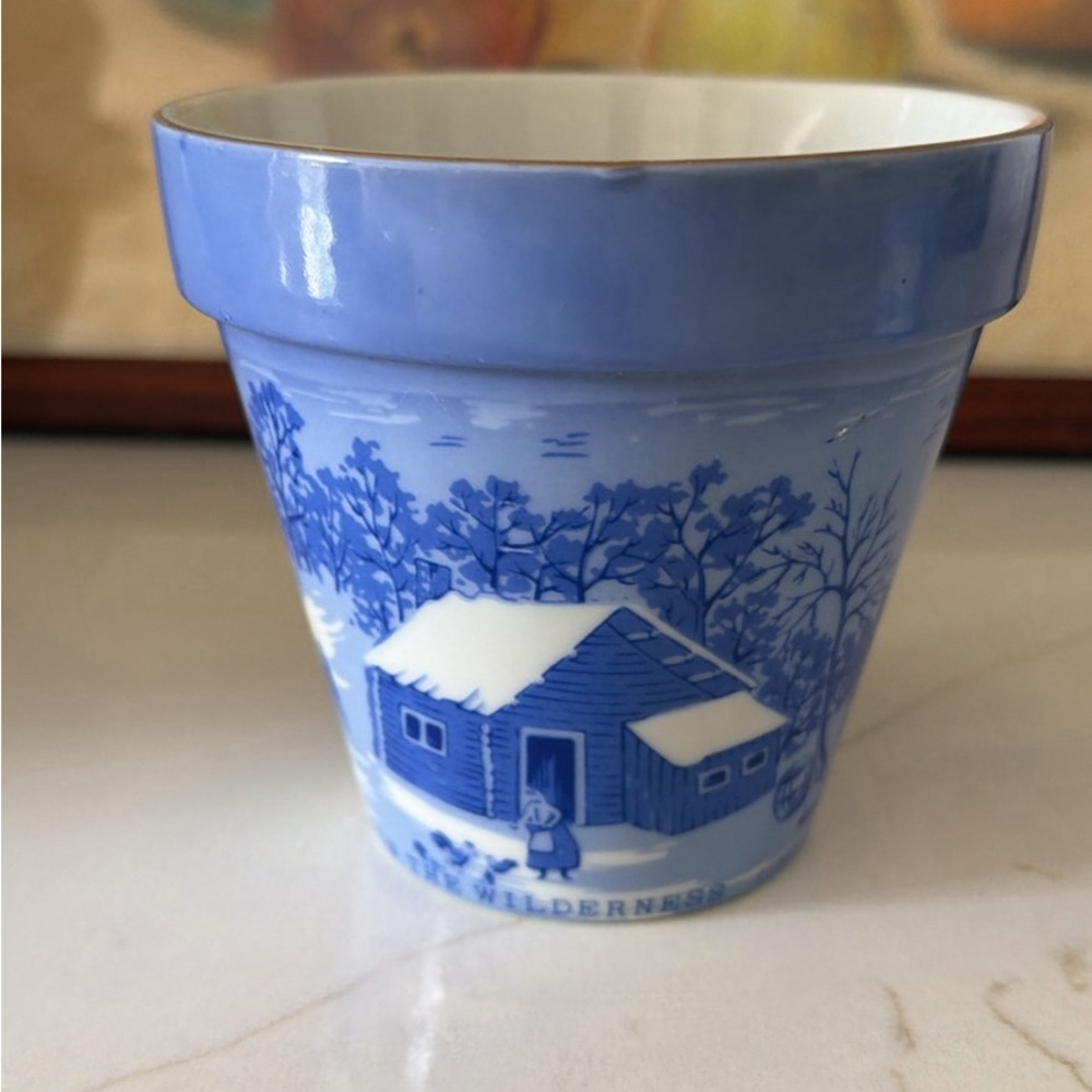 Vintage Currier & Ives ceramic Blue Planter Pot “A Home In The Wilderness “